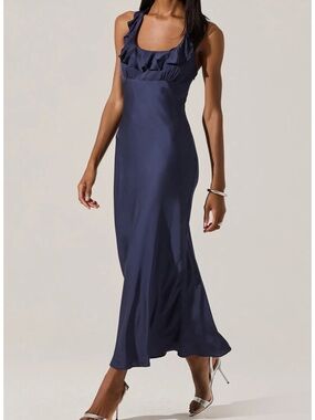 Astr Navy Ruffle-Trim Maxi Dress